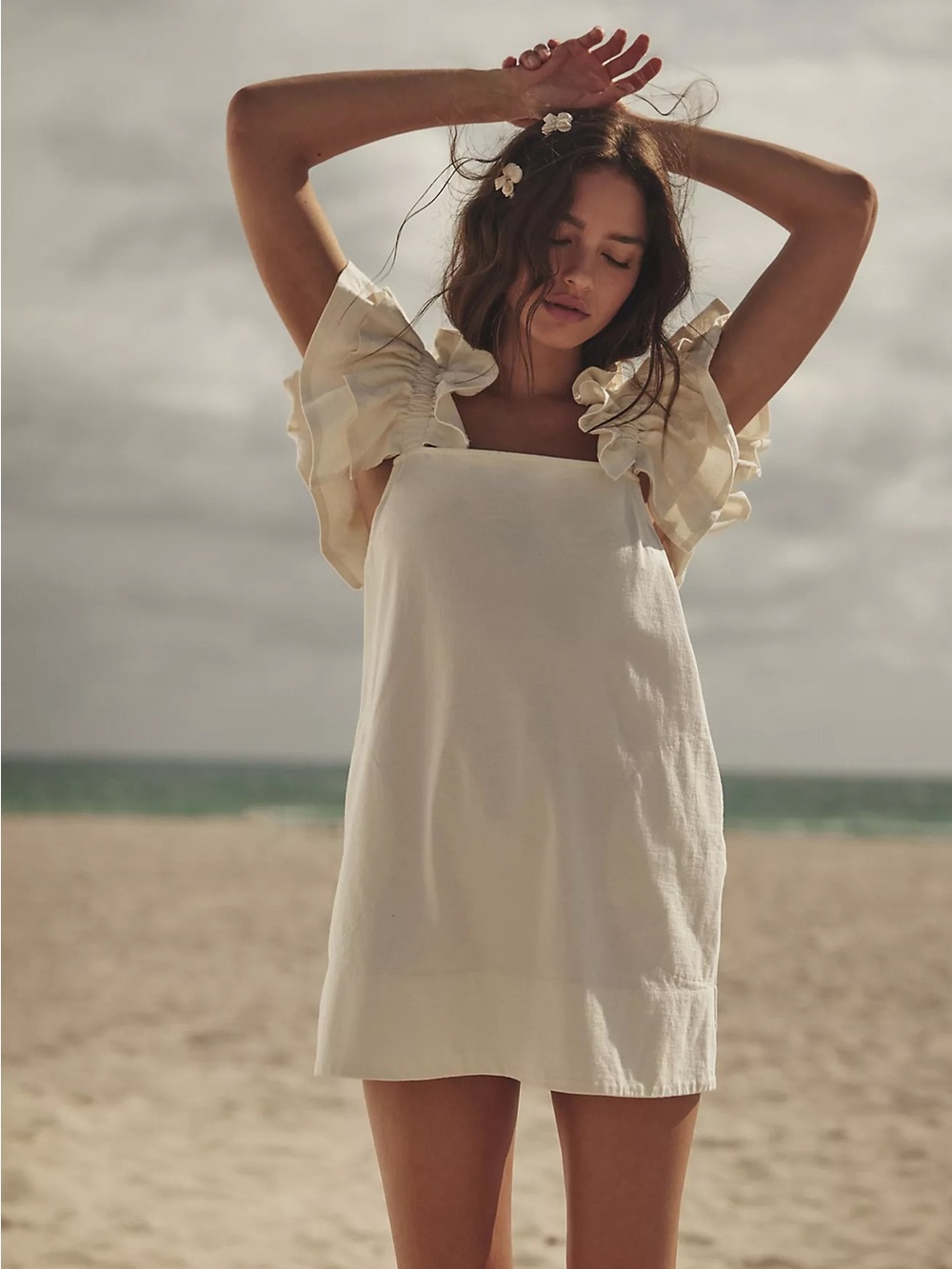 Free People Cream Ruffle-Shoulder Mini Dress - Picture 3 of 12